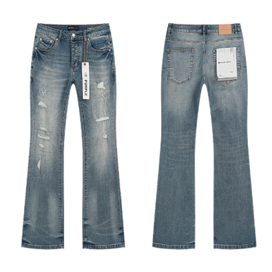 Light Blue Washed Flared Denim Jeans with Heavy Distressing